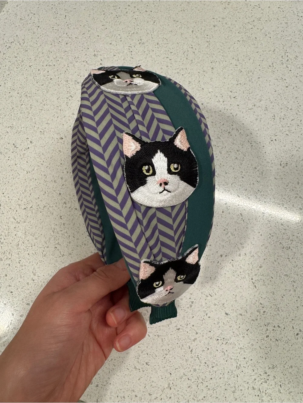Embroidered Cat Headband in Teal and Purple